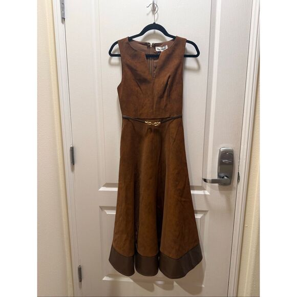 EN SAISON Eloise Faux Suede A-Line Sleeveless Brown Midi Dress Size S NWT - Picture 6 of 9
